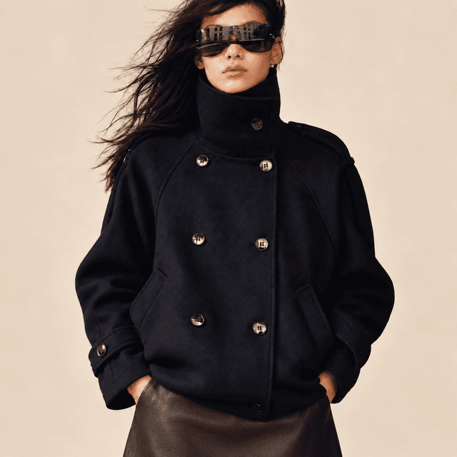 Double-Breasted Funnel-Collar Jacket — Navy blue