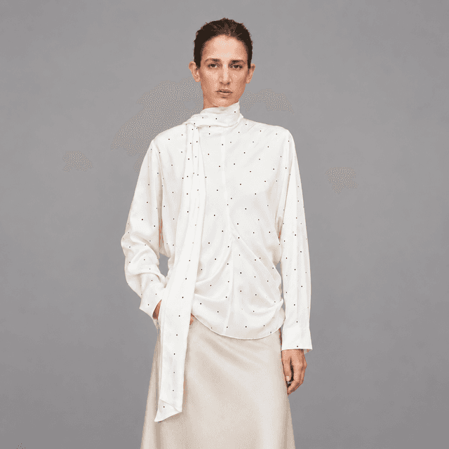 Scarf-Collar Viscose Blouse — Cream/polka dot