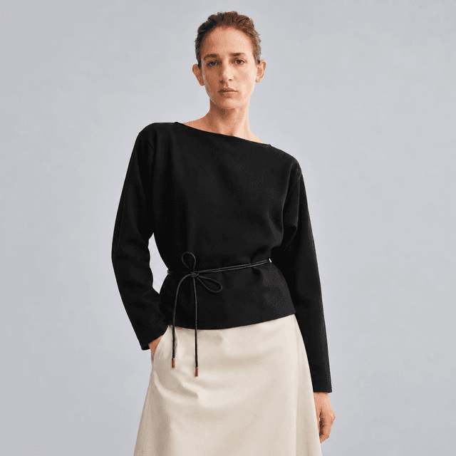 Belted Rib-Knit Sweater — Black