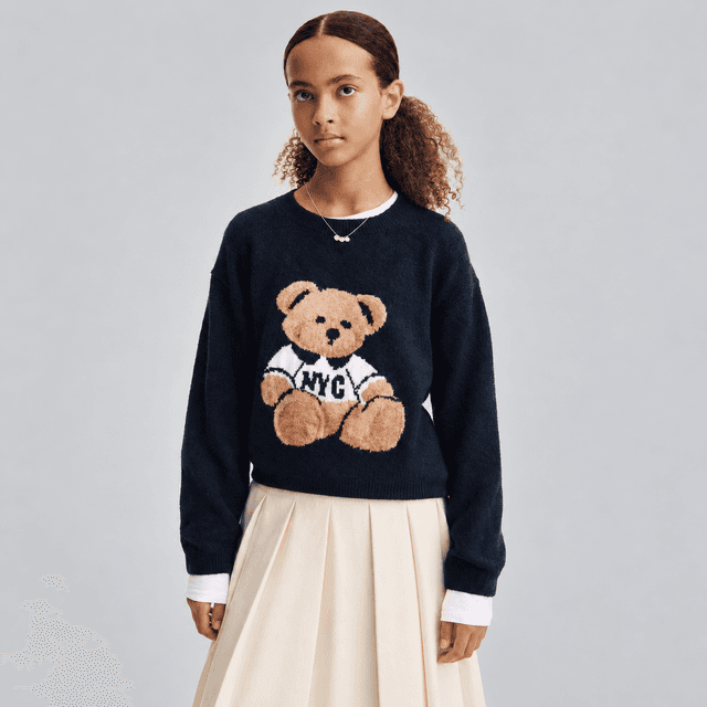 Loose-Fit Motif-Detail Sweater — Navy blue/teddy bear
