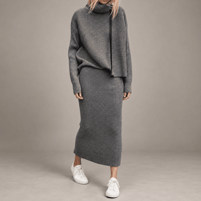chouyatou Gray Turtleneck Ribbed Knit Skirt Set