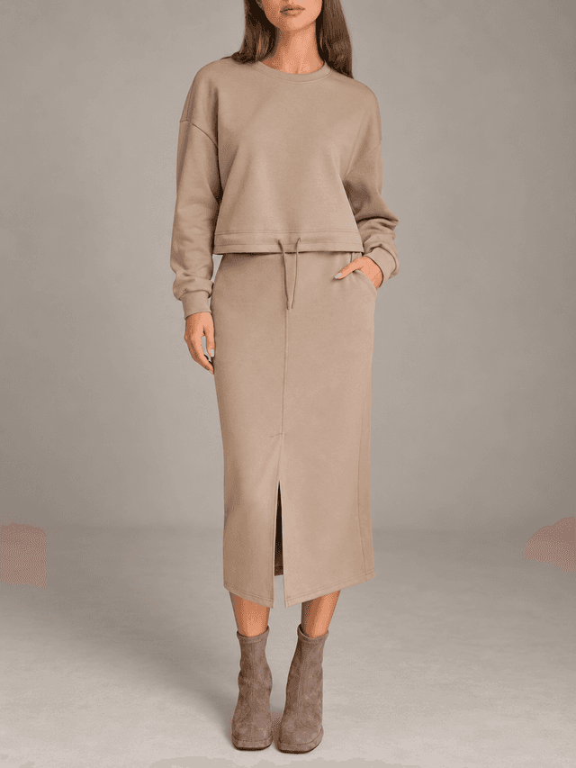 EXLURA Khaki Drawstring Top and Midi Skirt Set
