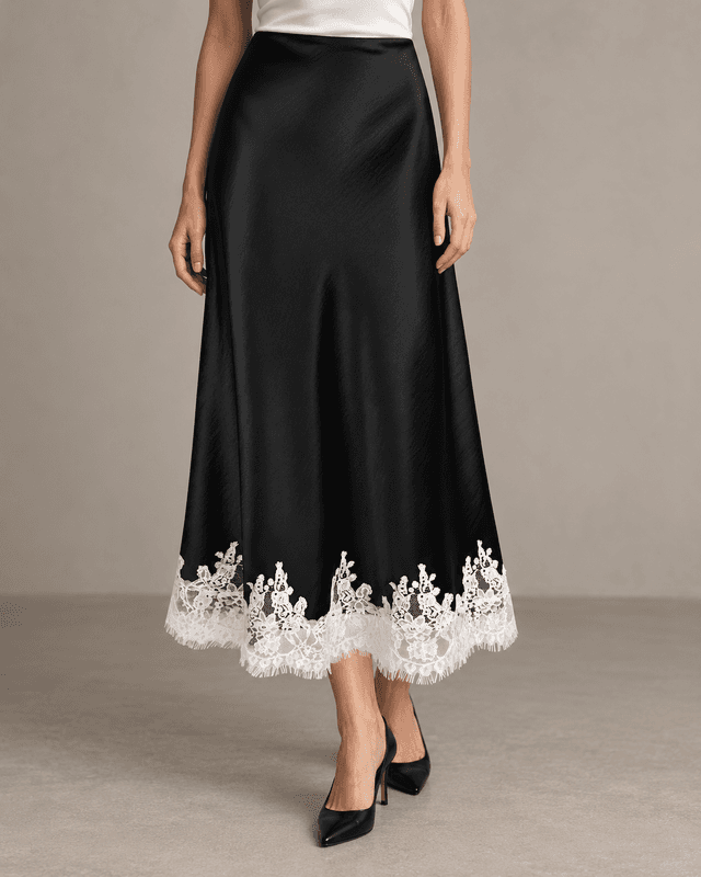 VividMosaic Lace-Trim Satin Midi Skirt — Black with White Lace