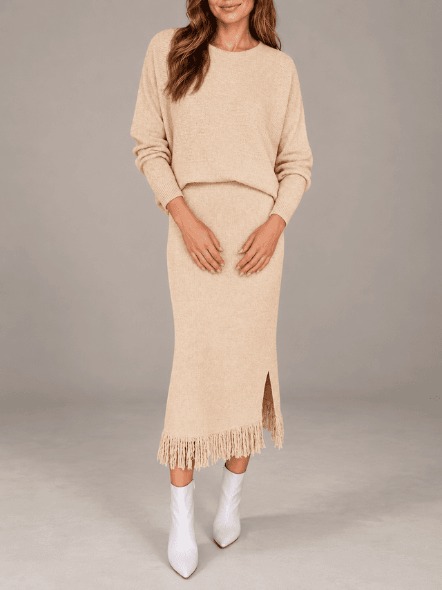 Saodimallsu Apricot Fringe Knit Skirt Set