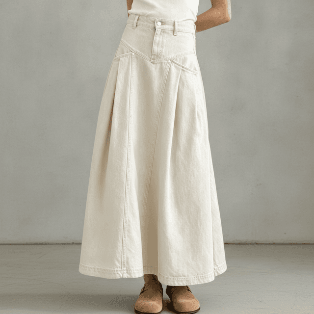 Chartou Denim Pleated Long Maxi Skirt