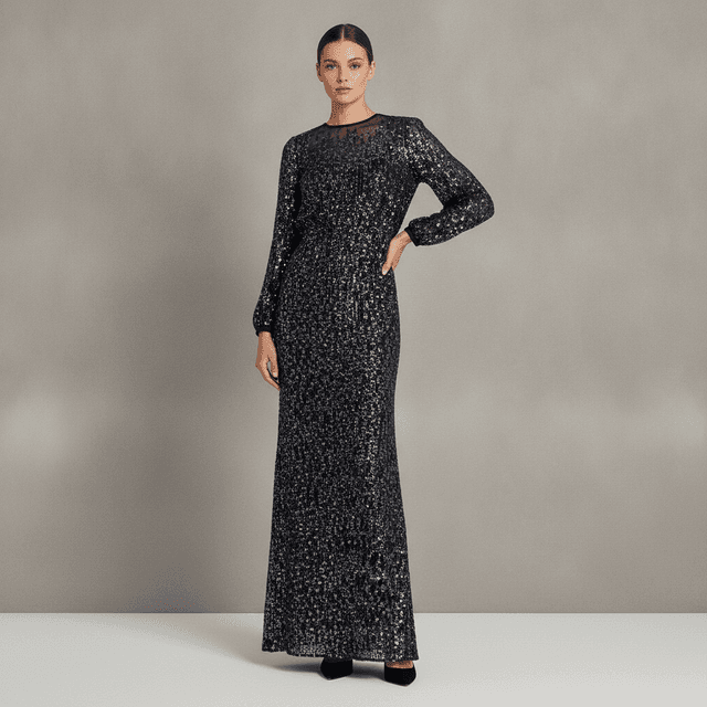 Women's Sequin Long Sleeve Blouson Evening Gown