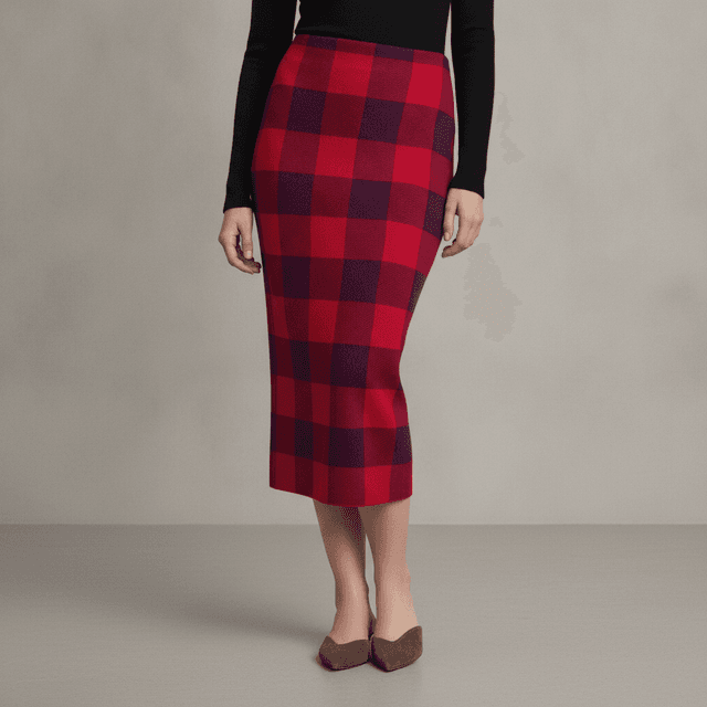 Plaid Intarsia Sweater Midi Skirt