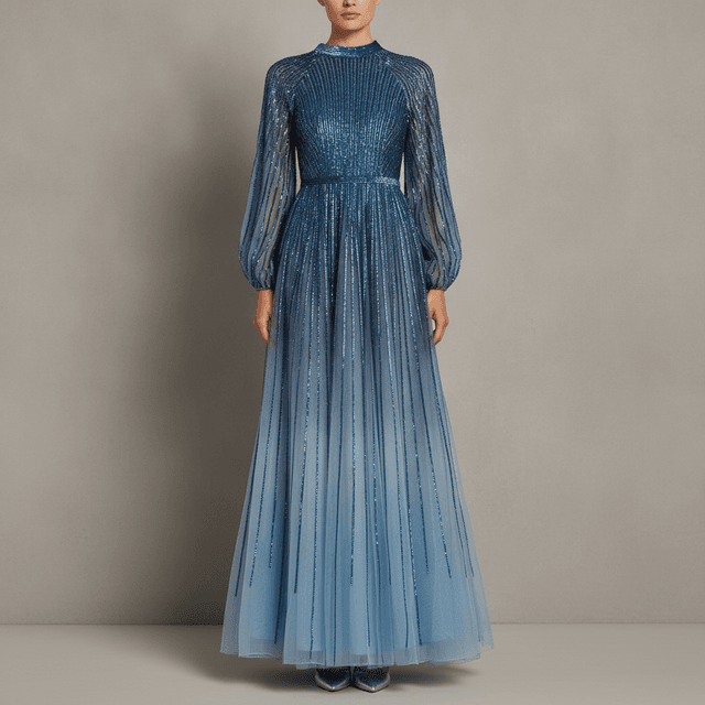 Mac Duggal Sequin Mesh Mock Neck Long Sleeve Ombre A-Line Gown