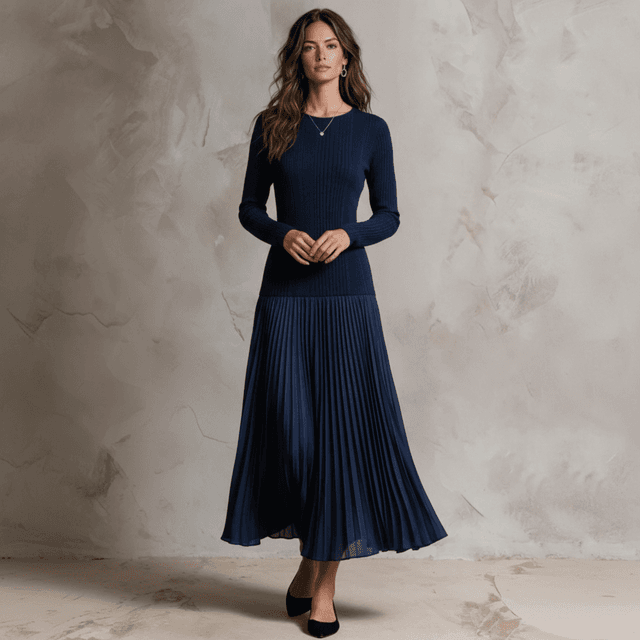 Solivie Navy Pleated Long Dress
