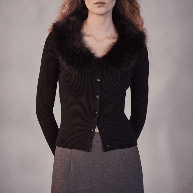 Cardigan with Detachable Fur-Effect Collar