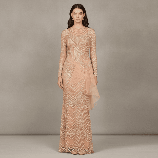 Women's Beaded Long Sleeve Gown with Tulle Applique