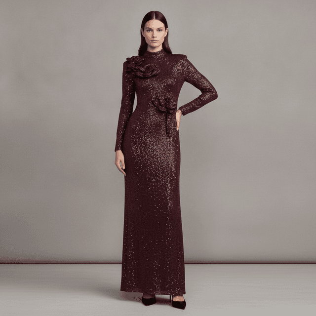 Long Sleeve Flower Detail Sequin Gown