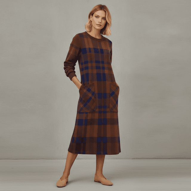 AUMORA Plaid Long-Sleeve Midi Dress