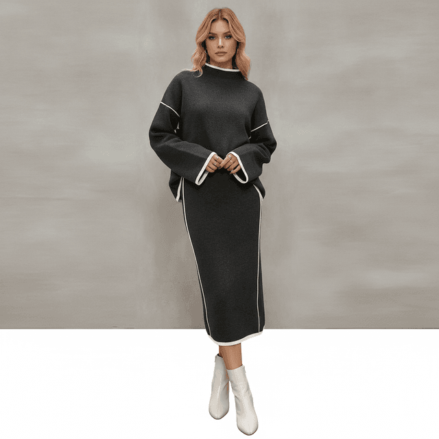 Wenrine Contrast-Trim Sweater and Midi Skirt Set