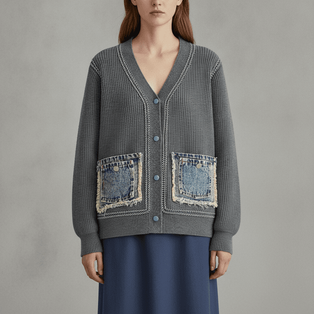 Contrast Trim Denim Panel Cardigan