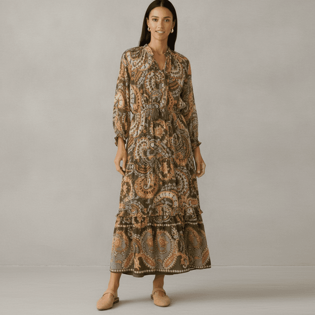 Women's 3/4 Sleeve Smocked Waist Tiered Maxi Dress