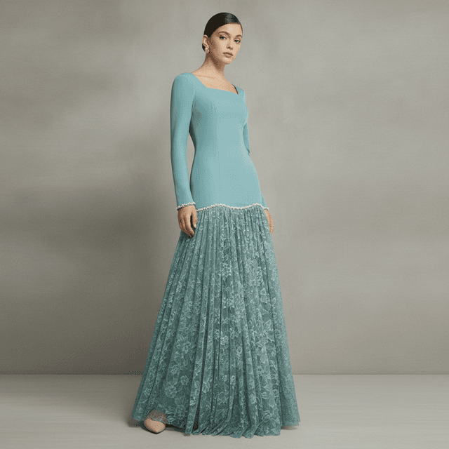 Women's Long Sleeve Square Neck Drop Waist Evening Dress