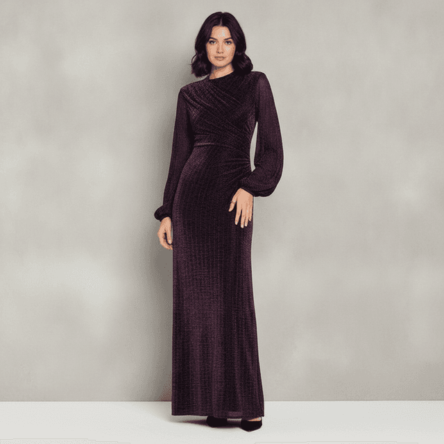 Betsy & Adam Long Sleeve Mock Neck Crinkle Metallic Ruched Gown