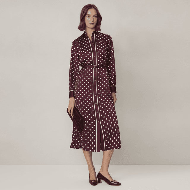 Polka Dot Tie Neck Midi Shirtdress