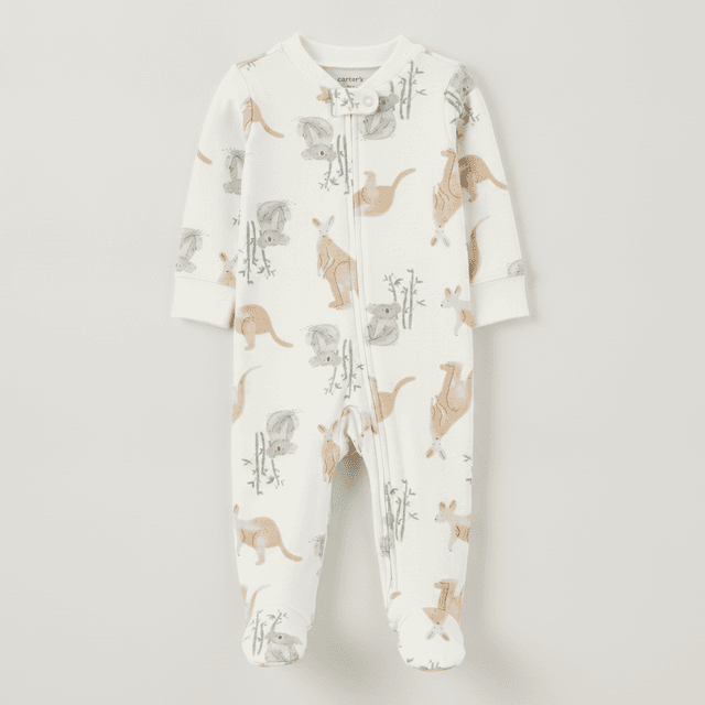 Baby Girl Kangaroo 2 Way Zip Cotton Sleep And Play Pajamas Ivory