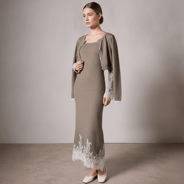 COSMINA Brown Lace-Hem Dress and Cardigan Set