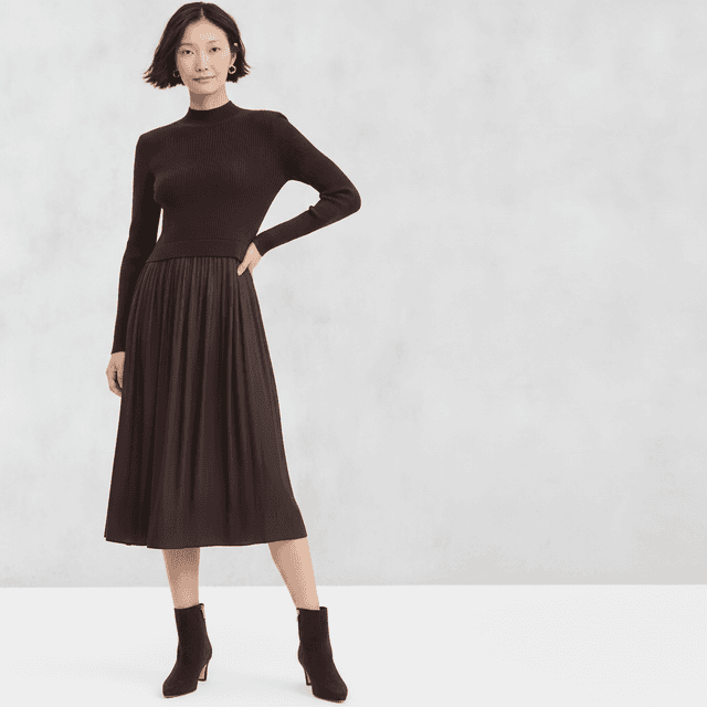 Long-Sleeve Sweater Mixed-Media Midi Dress
