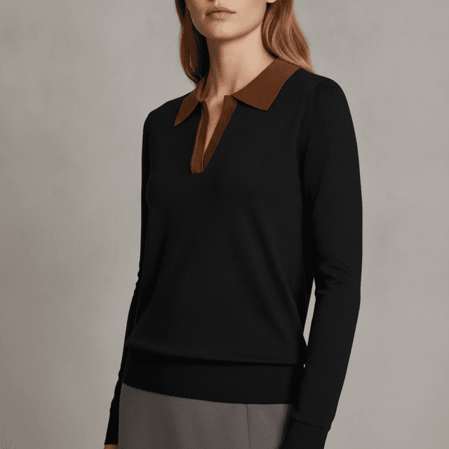 Kate Kasin Contrast-Collar Polo Sweater