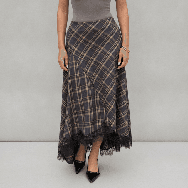 Roseseek Plaid Long Midi Skirt