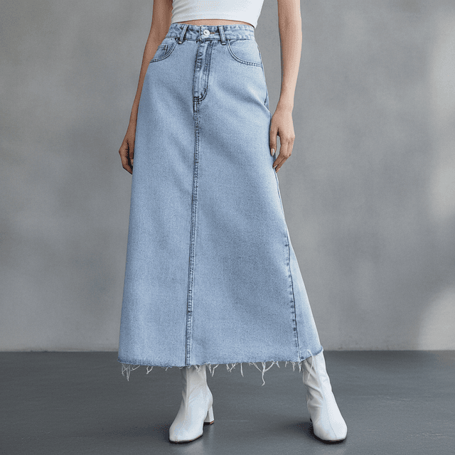 MISS MOLY Frayed Denim Midi Skirt