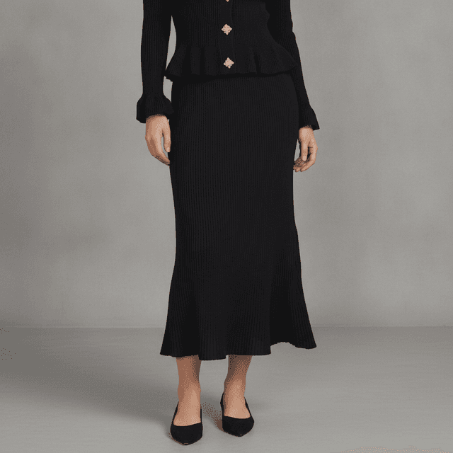 Two Ruffle Sleeve Long Midi Knit Skirt