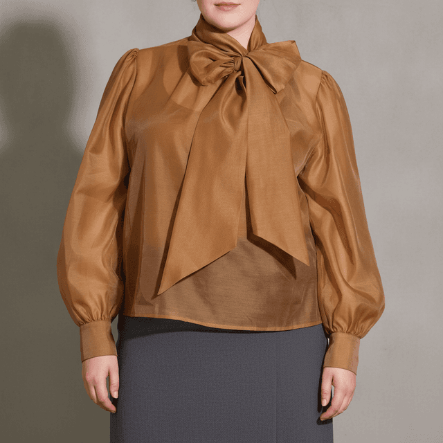 FLYING TOMATO Bow Neck Organza Top - Plus - Camel