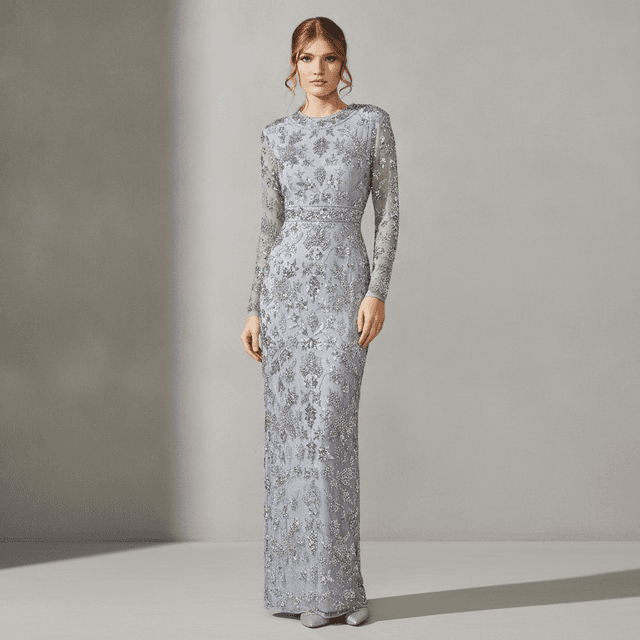 Women's High Neck Long Sleeve Embellished Column Gown