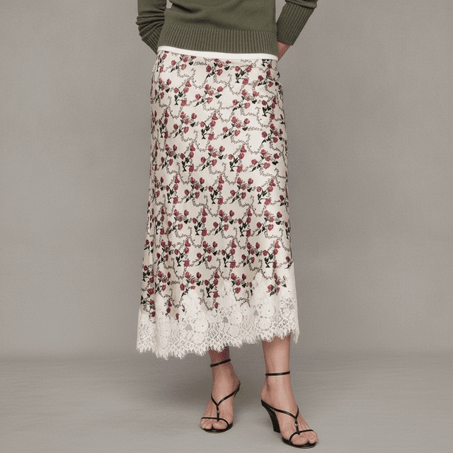 Stretch-Satin Lace-Trim Midi Skirt