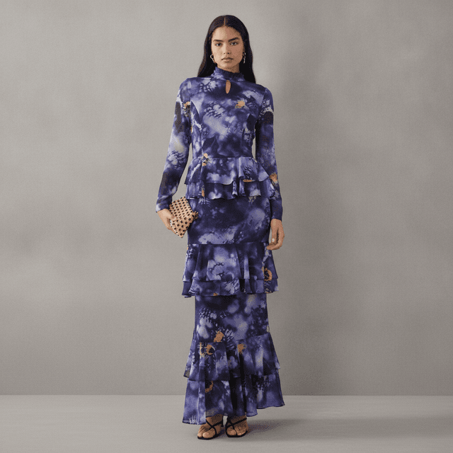 Daska Chiffon High Neck Keyhole Tiered Frill Maxi Dress in Purple Abstract Print
