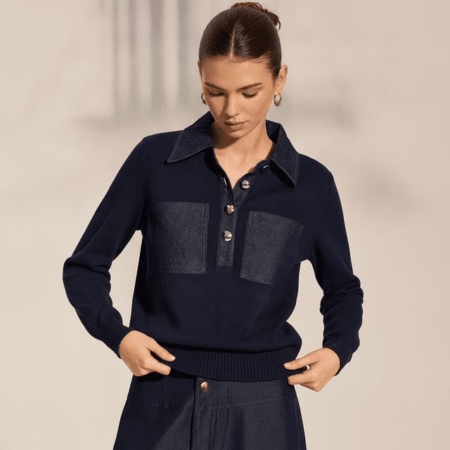 Long Sleeve Denim Patch Collared Knit Top