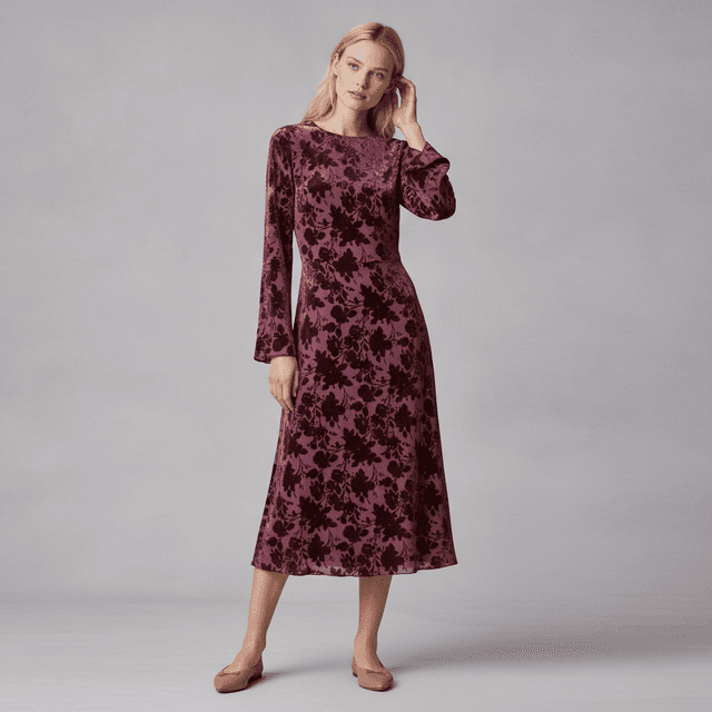 Floral Jacquard Dress with Bell Sleeves