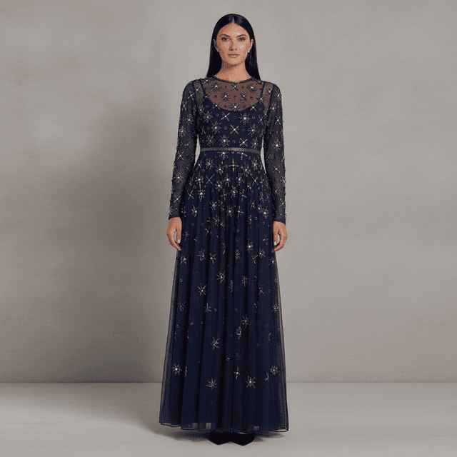 Women's Long Sleeve Crystal Embellished Evening Gown