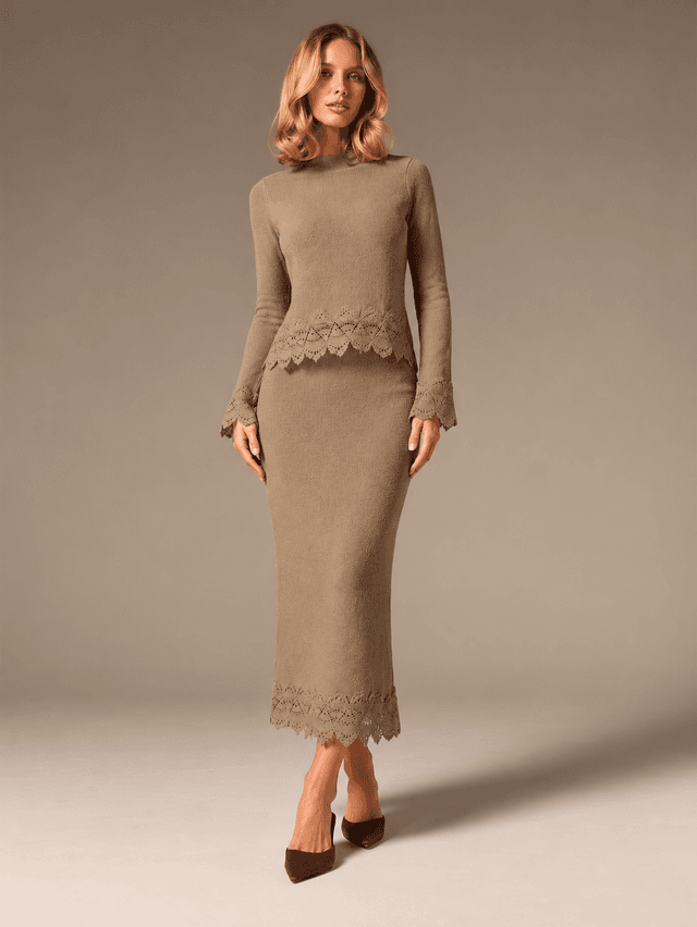 COSMINA Camel Lace-Trim Knit Top and Skirt Set