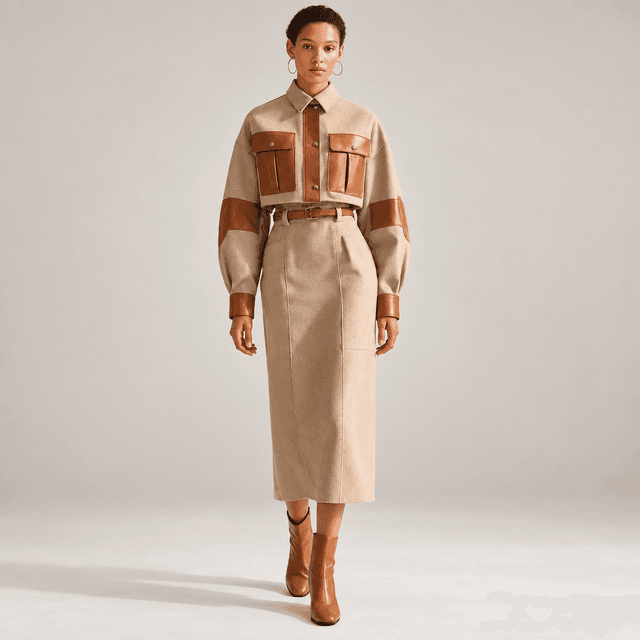 Steady Aujourdhui Khaki Colorblock Top and Midi Skirt Set