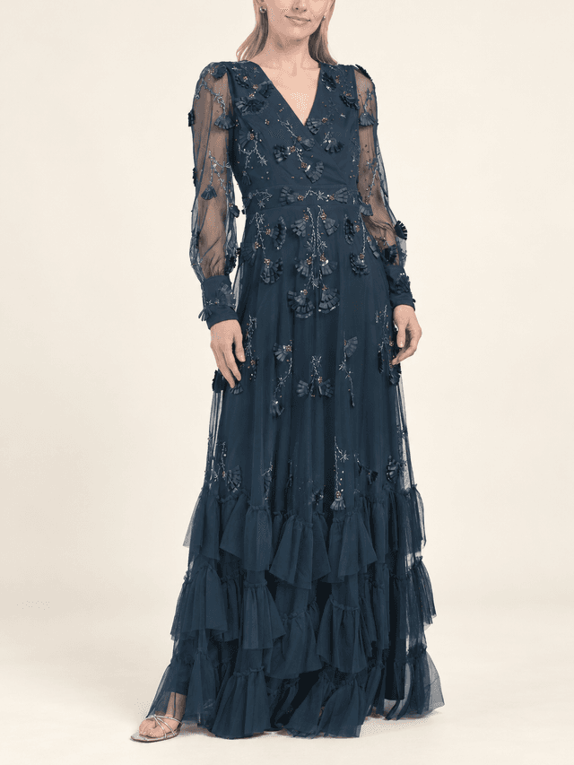 Long Sleeve 3D Embellished Gown