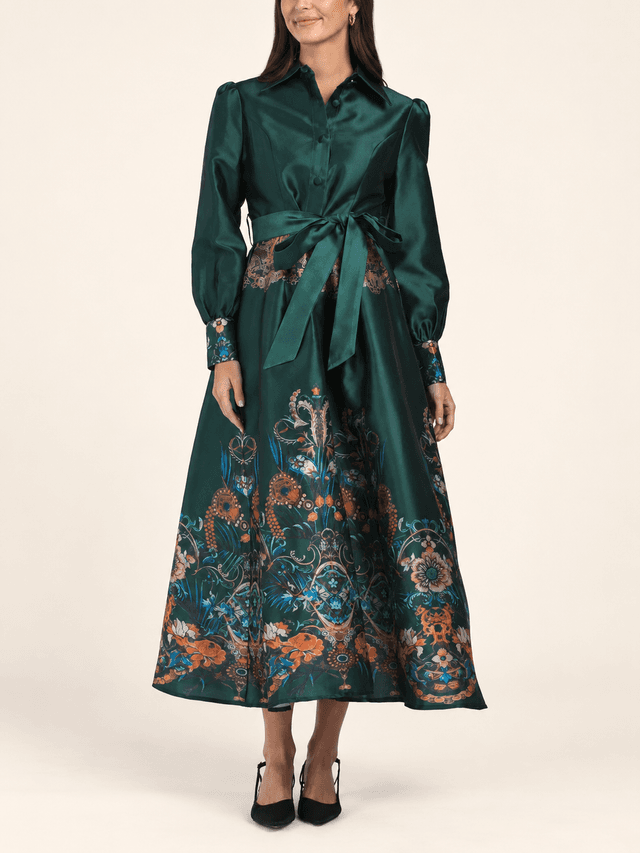 Long Sleeve Belted Printed Gown