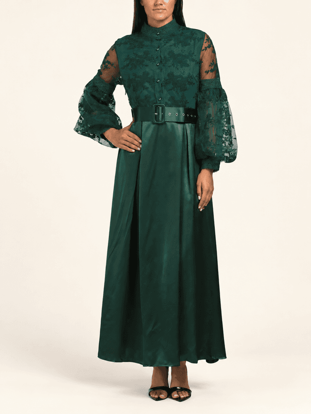 Belted Lace and Satin Gown