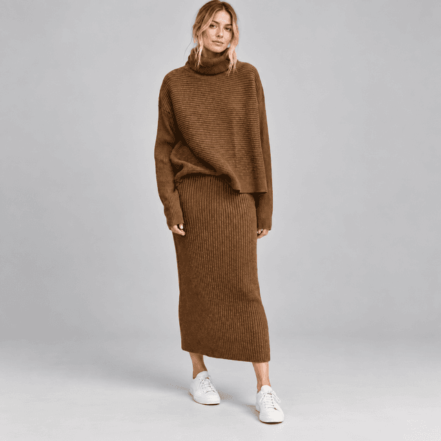 Chouyatou Brown Turtleneck Sweater and Midi Skirt Set