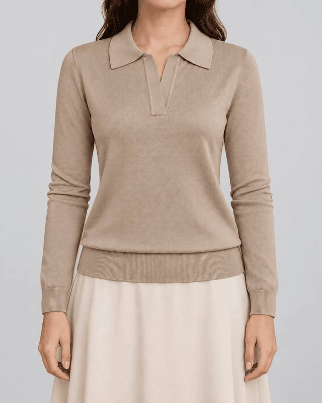 Kate Kasin Apricot Long-Sleeve V-Neck Polo Sweater