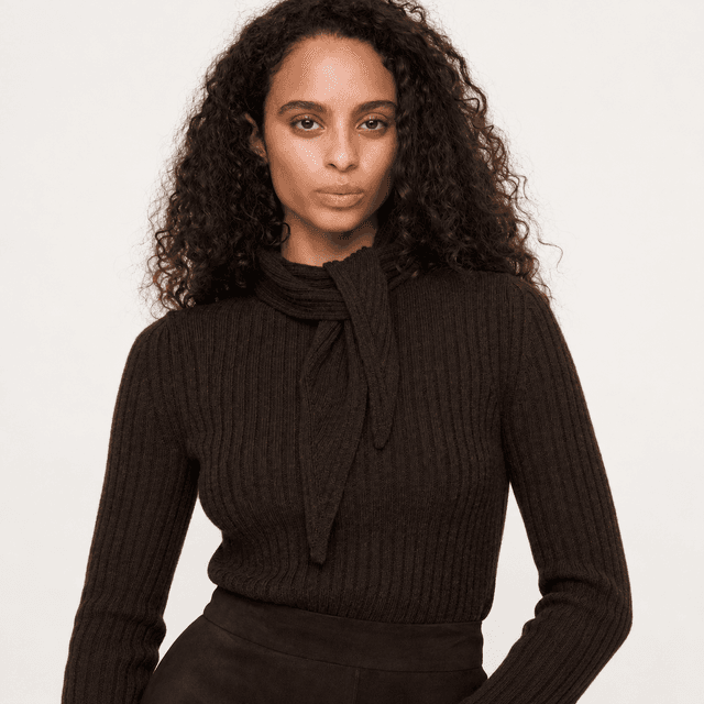 Merino-Cotton Tie-Neck Sweater