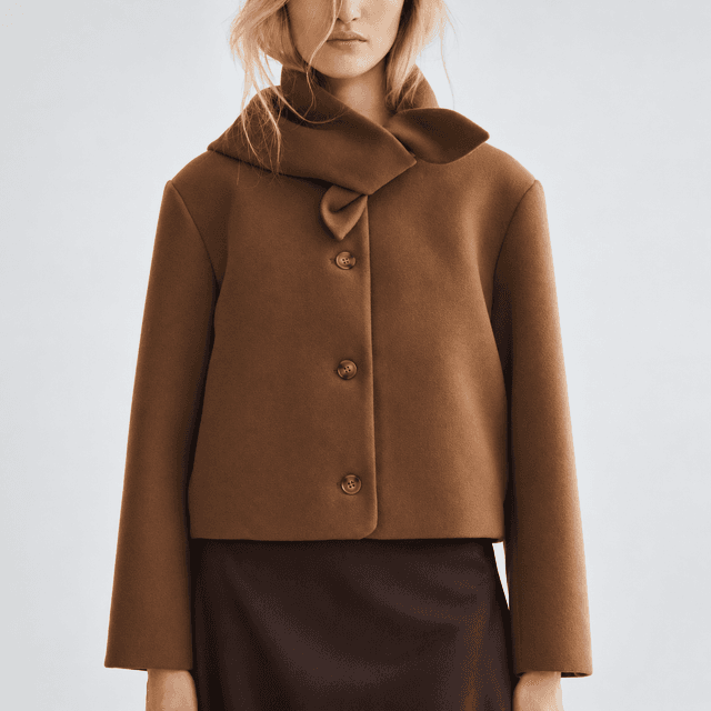 Scarf-Collar Twill Jacket