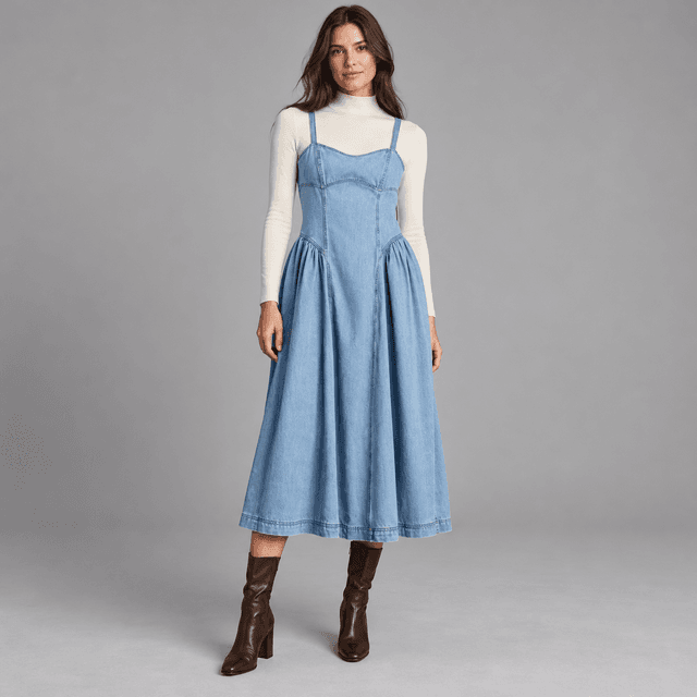 Flared-Skirt Denim Dress